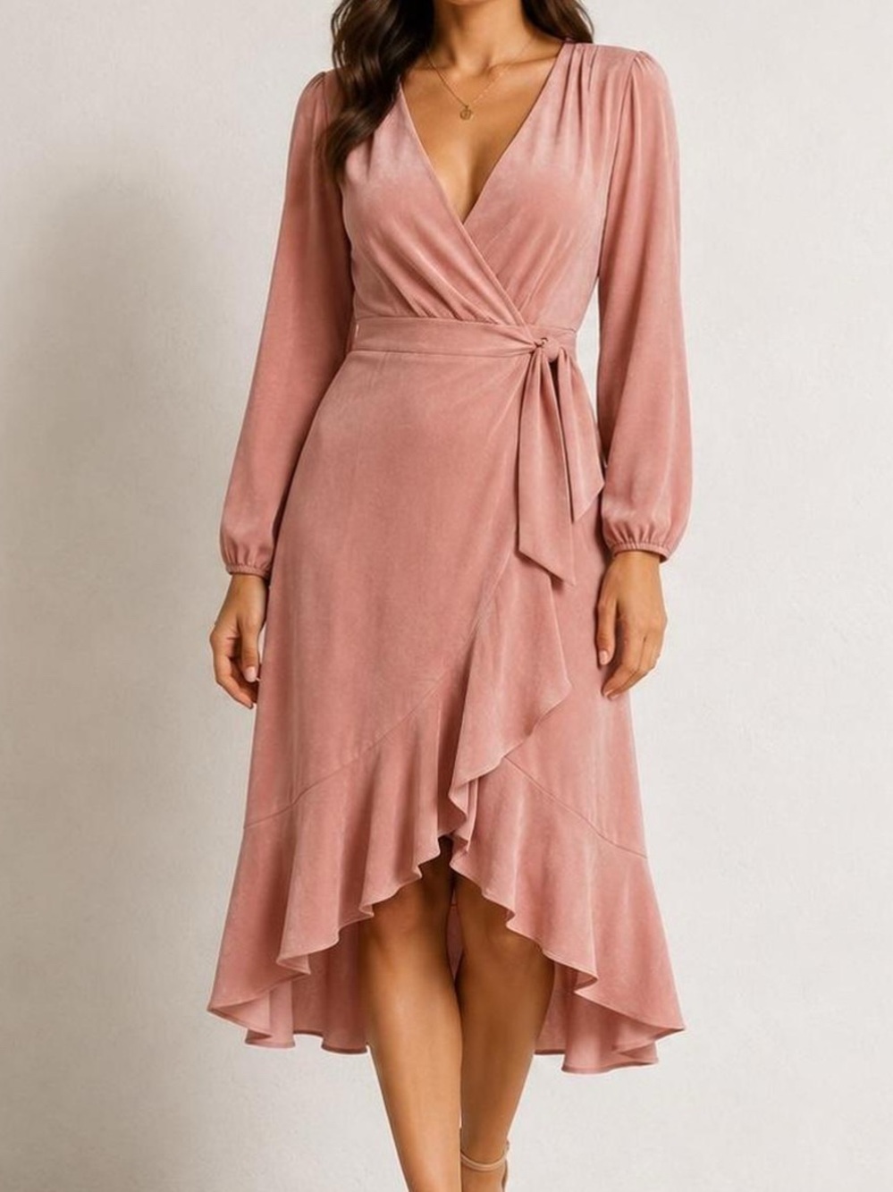 Wrap Midi Dress in Dusty Rose - Elegant Ruffle Front